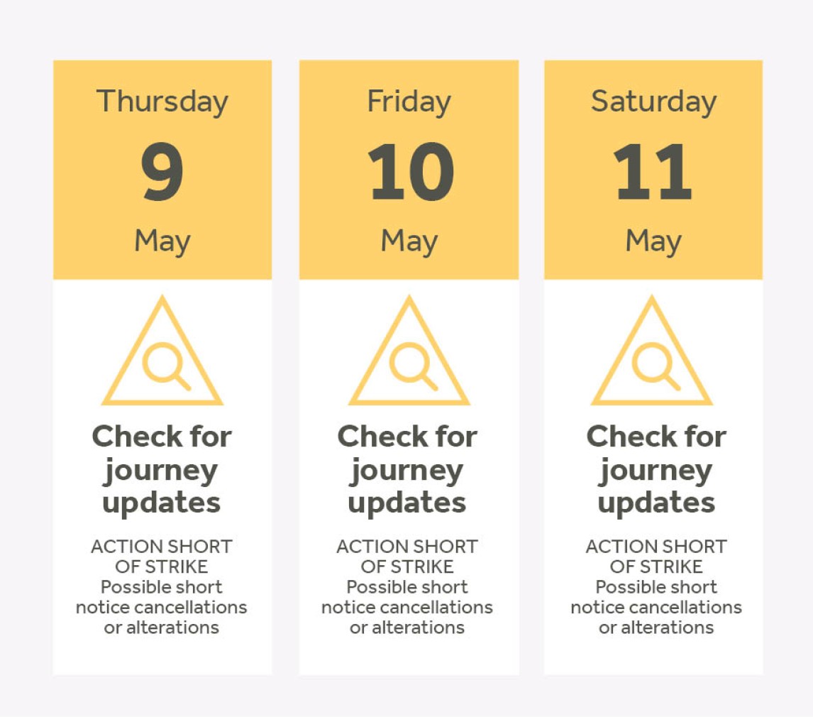 Graphic advising to check your journey and expect short notice cancellations on the 9th, 10th and 11th of May.