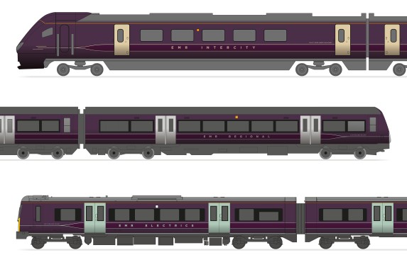 EMR liveries illustration on intercity, regional and electric trains