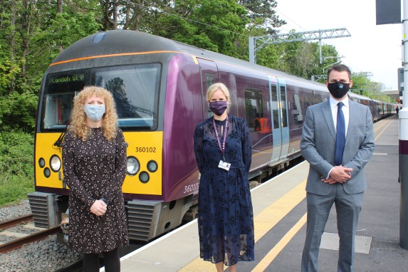 Image showing 3 EMR Colleagues at Corby station for the launch of the EMR Connect route. 