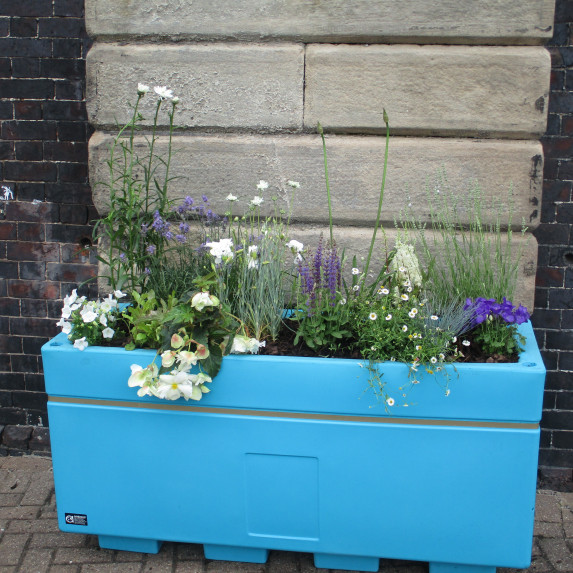 An image of one of the newly installed large planters at the station "Ice" containing blue and white coloured flowers and plants. 