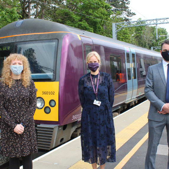 Image showing 3 EMR Colleagues at Corby station for the launch of the EMR Connect route. 